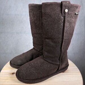 Bearpaw Emma Tall Boots Womens 11 Brown Good Embossed Floral Suede Winter